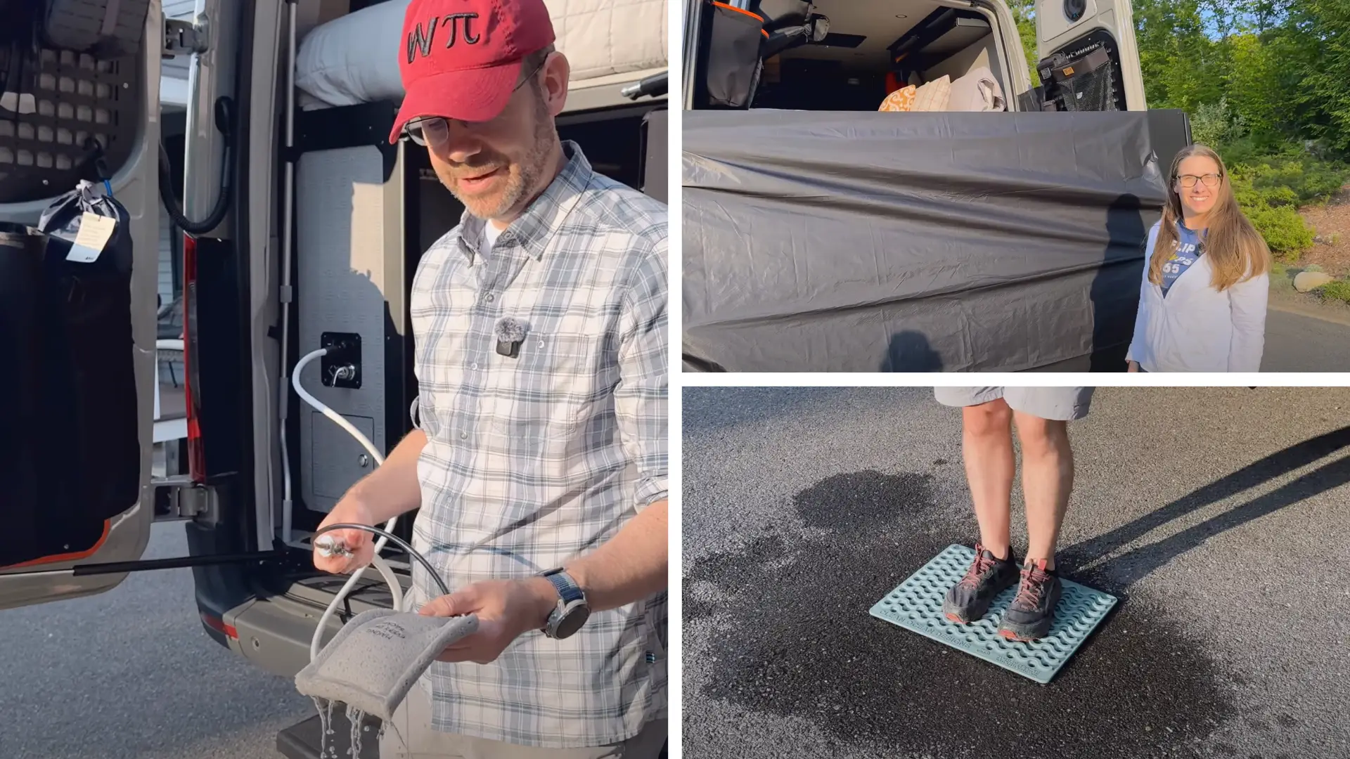 Complete van outdoor shower setup with Geyser water-saving system, privacy curtains, and algae-based floor mat